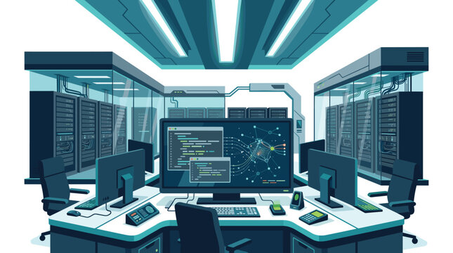 Server room command center with a central desk and multiple computer monitors displaying code and network graphs surrounded by racks.