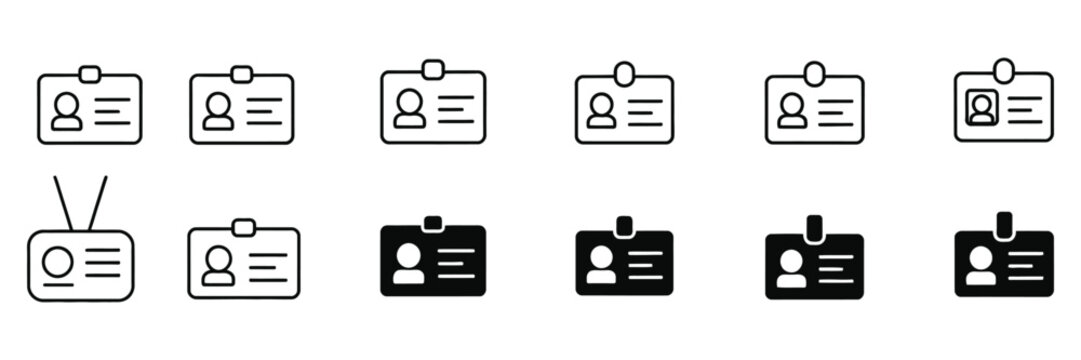 ID badge and pass card icon set featuring personal identification, security access cards and identity verification symbols.
