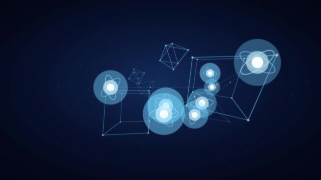 Quantum computing visualization with floating glowing qubits, intersecting geometric shapes, and ethereal blue lighting