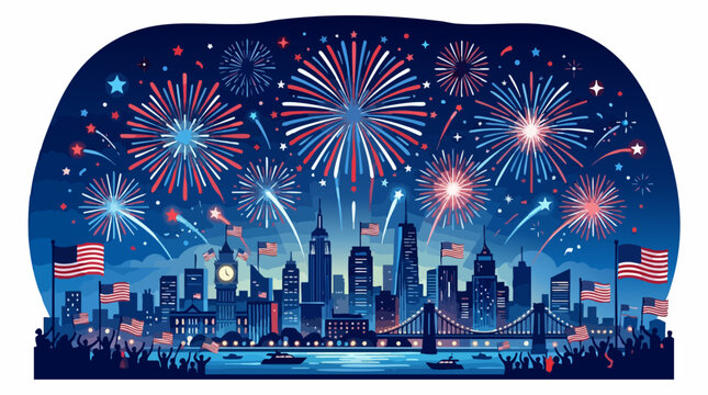 Patriotic American city skyline with fireworks, Fourth of July celebration over urban city landscape, red white and blue firework display with USA flags