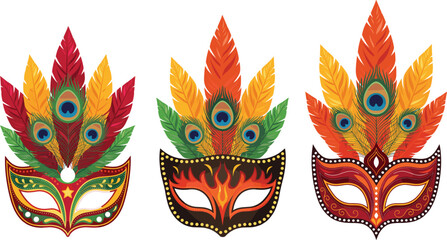 Carnival masquerade masks with colorful peacock feathers vector, mardi gras festival celebration design element set © Afsana