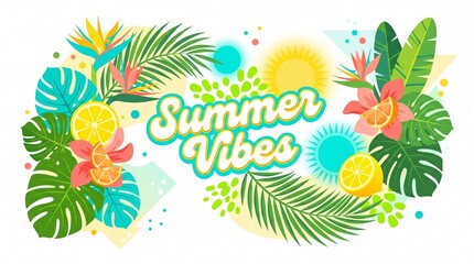 Obraz premium Vibrant tropical foliage wreath banner displaying summer celebration and joy.