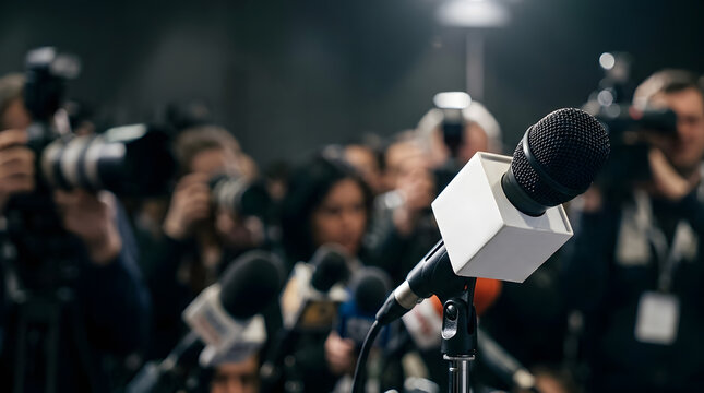 Microphone at a press conference with blurred news cameras and photographers in the background for media event coverage and breaking news reporting