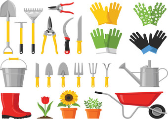 Garden tools equipment flat vector set, farming shovel rake wheelbarrow gloves for backyard horticulture design © Afsana