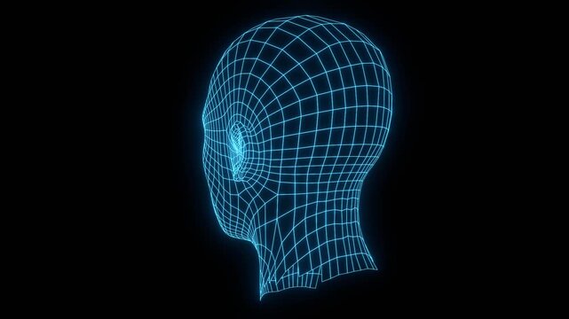 A futuristic glowing wireframe human head representing AI, data, and digital consciousness. Human face structure made of grid. Biometrics, facial recognition and cyber security concept.