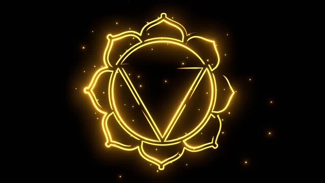 Golden Manipura chakra symbol glowing with energy and particles. Manipura sun energy fire element chakra of willpower and self identity
