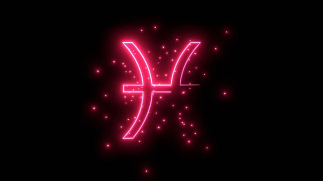Fish or Pisces zodiac symbol icon in thin line style glowing with energy and particles.