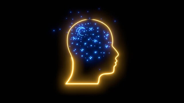 Universe filled by stars and crescent moon inside head. Dreaming about starlight night. Mental health.