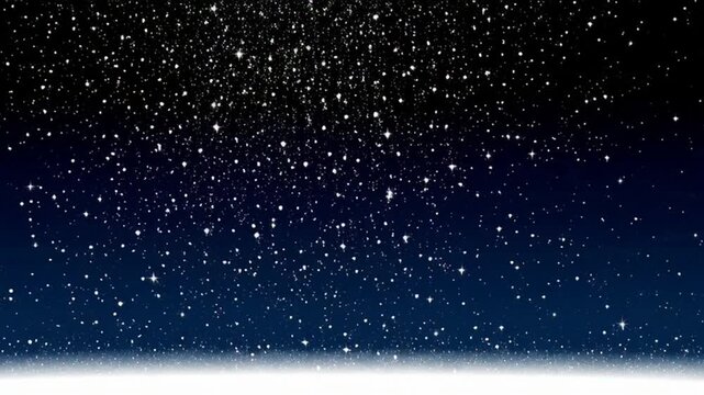 Snow falls gently in night sky with stars shining brightly above