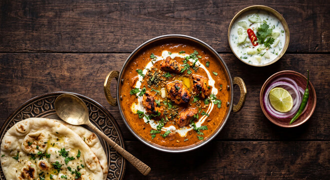Creamy butter chicken curry in copper kadai with naan, raita and onions on rustic wooden table, top view with copy space