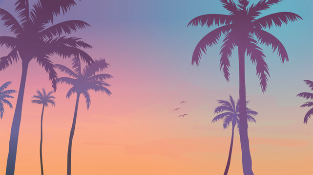 Concept 6 sunset with the palms tree on colourful background. Vector illustration