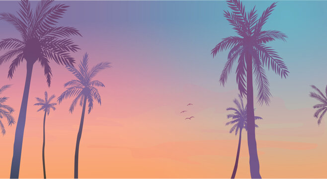 Concept 6 sunset with the palms tree on colourful background. Vector illustration