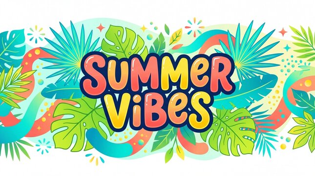 Lush tropical foliage pattern with vibrant text for summer celebration concept