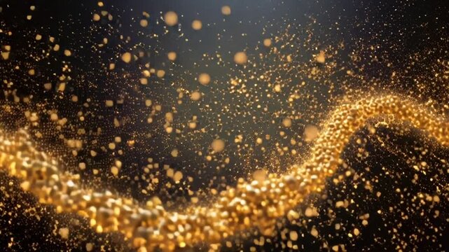 Glowing golden particles swirl in a wavy motion against a dark background