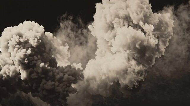 Dark smoke billows heavily across a black background creating dense clouds.