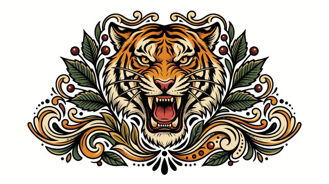 Traditional tattoo design of a roaring tiger head framed by vintage leaves and ornamental scrollwork