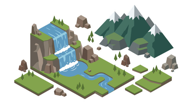 Isometric landscape featuring a cascading waterfall flowing into a river, surrounded by snow-capped mountains, green trees, and scattered rocks for game development assets.