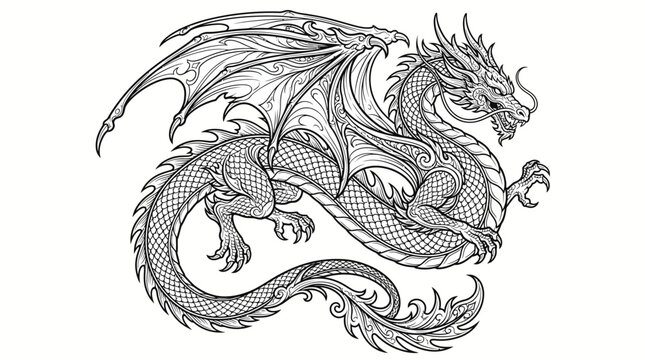 Highly detailed ornamental dragon tattoo design in black and white line art style for coloring book