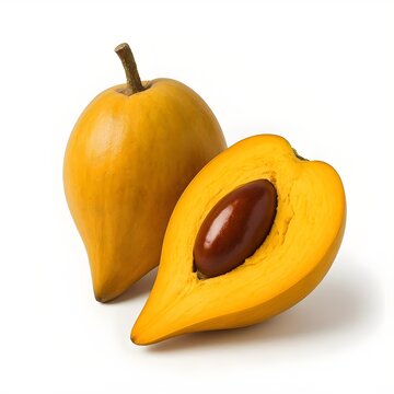 Fresh canistel fruit or egg fruit whole and half cut with seed isolated on white background, yellow sapote pouteria campechiana tropical exotic fruit