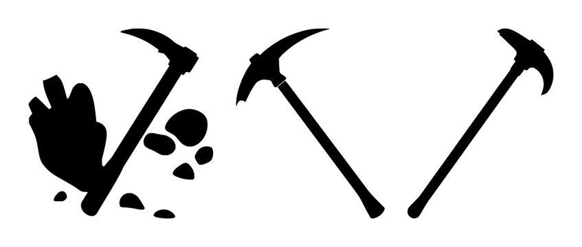 Data mining pickaxe icon set with solid black icon silhouette on white background featuring binary code, mining, technology with vector graphics and digital representation
