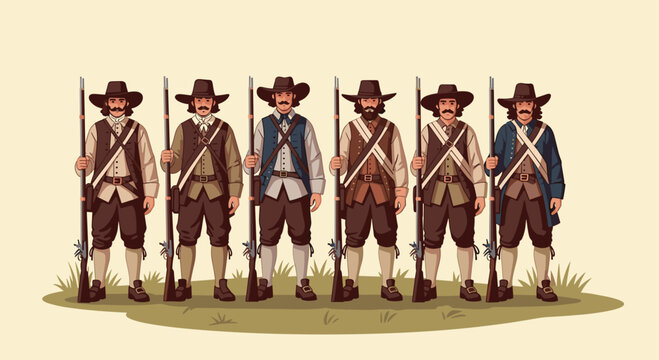 Historical colonial soldiers in revolutionary uniforms holding muskets, standing in formation, depicting military history and past warfare in a stylized graphic format.