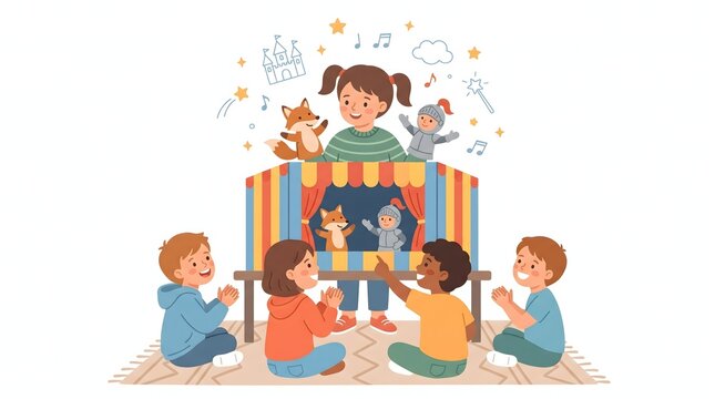 Cheerful Girl Performing Hand Puppet Show with Fox and Knight Puppets for Excited Group of Children Sitting on Floor, Creative Play and Storytelling for Kids Flat Vector Illustration