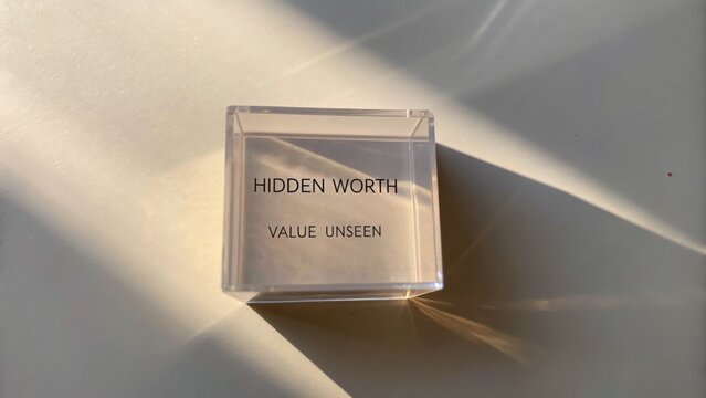 Clear box with hidden worth and value unseen message highlighted by soft sunlight on a neutral background