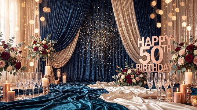 Midnight blue stage backdrop with floral and velvet decoration for celebration
