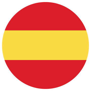 Round icon with the flag of spain, national symbol of the spanish state, circular button design isolated on transparent background