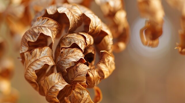 Dried fern frond curled pinnae close up brown