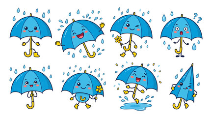 Cute blue umbrella character with smiling face and raindrops cartoon vector illustration isolated on white background © B