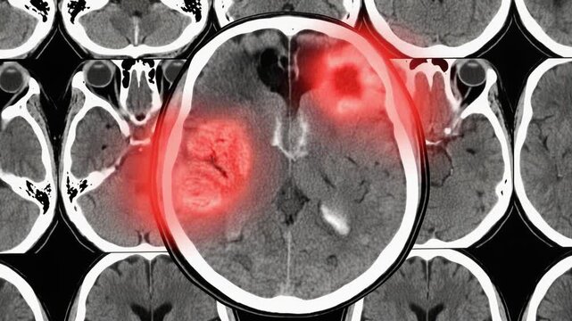 CT brain scan image with glowing red highlights indicating stroke and tumor regions, 4K video