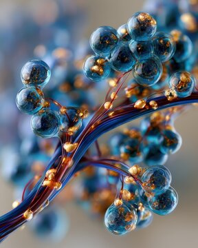 Macro bio engineered cellular matrix showing microscopic view of replicating stem cells in translucent fluid environment.