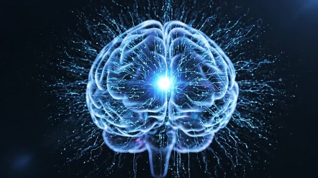 Glowing blue human brain with digital circuit board patterns.