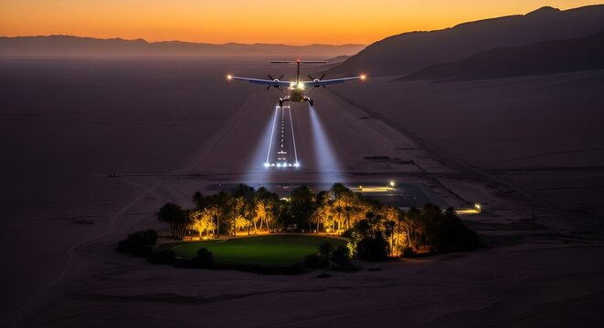 Airplane landing at night on a desert runway near an oasis