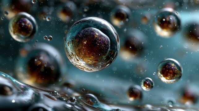 Macro bio engineered cellular matrix showing microscopic view of replicating stem cells in translucent fluid environment.