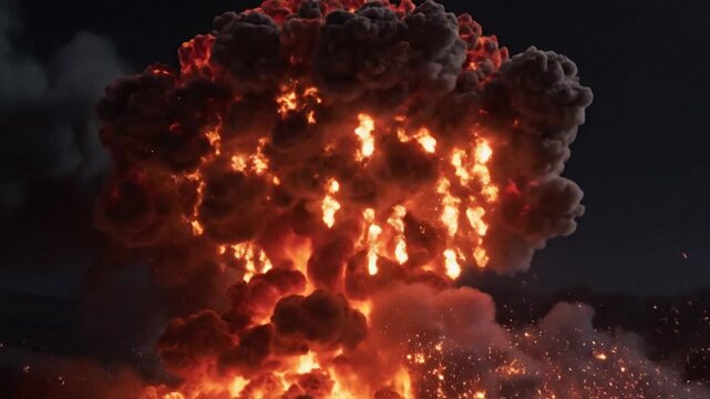 Massive Fireball Explosion with Smoke Plume at Night, Dramatic Catastrophe and Disaster Visuals, Intense Impact and Destruction Scene