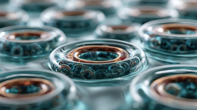 Macro bio engineered cellular matrix showing microscopic view of replicating stem cells in translucent fluid environment.