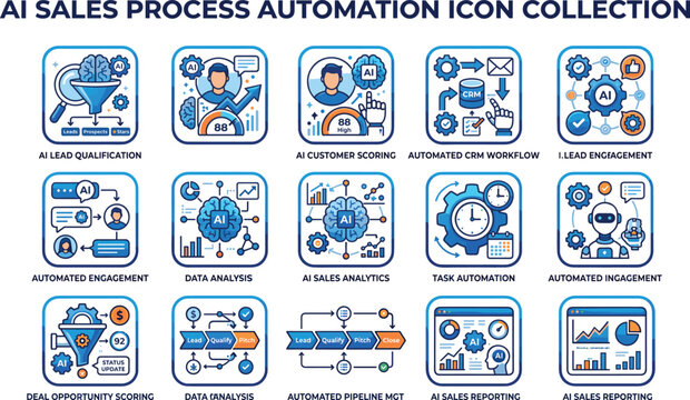 AI sales process automation icon collection for lead qualification customer scoring automated CRM workflow pipeline management and analytics dashboard