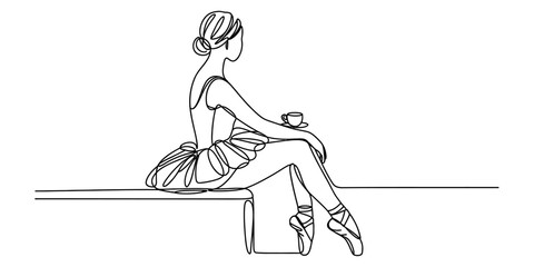 Continuous line drawing of a graceful ballerina sitting and holding a cup of tea in a studio © DCB Line Stocker
