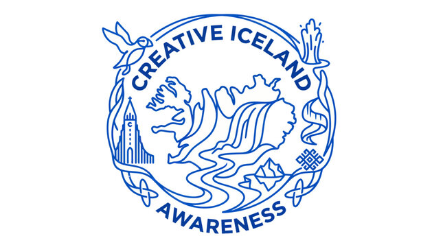Creative iceland awareness emblem featuring map and iconic landmarks