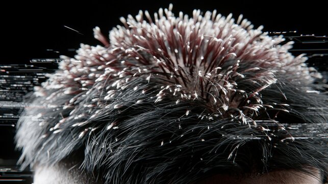View of human scalp showing healthy sprouting hair follicles and dense roots with high tech clinic interface.