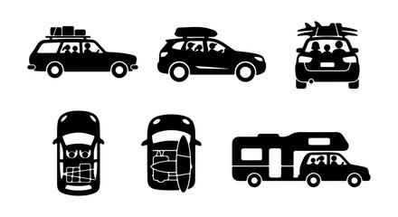 Obraz premium Travel Vehicle Icons: Car, SUV, Camper Van with Luggage, Surfboard, Roof Rack