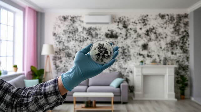 Gloved Hand Holding Round Glass Petri Dish With Mold Culture
