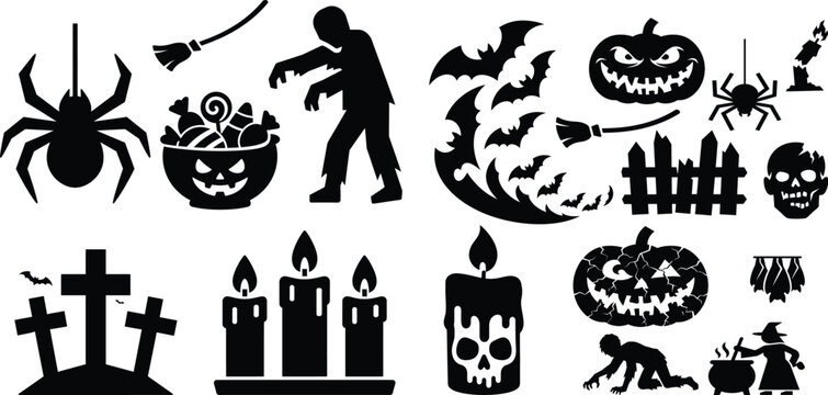 Massive spooky Halloween vector silhouette icon bundle featuring zombies, jack-o'-lanterns, swarms of bats, spiders, graveyard scenes, and witchcraft elements.