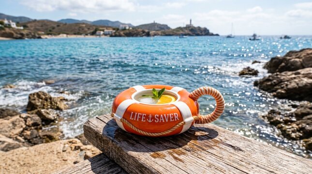 Vibrant orange inflatable raft with green and white accents sits on a weathered wooden dock near rocky shoreline with turquoise sea and distant lighthouse.