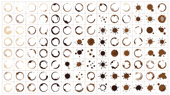 Large collection of brown coffee stain rings cup circles splash marks ink drops and dirty espresso splatters background vector illustration