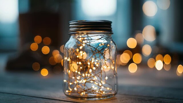 Warm white fairy lights in a glass jar illuminate a rustic wooden table, evoking a sense of comfort and creativity. The blurred bokeh background enhances the dreamy, festive mood