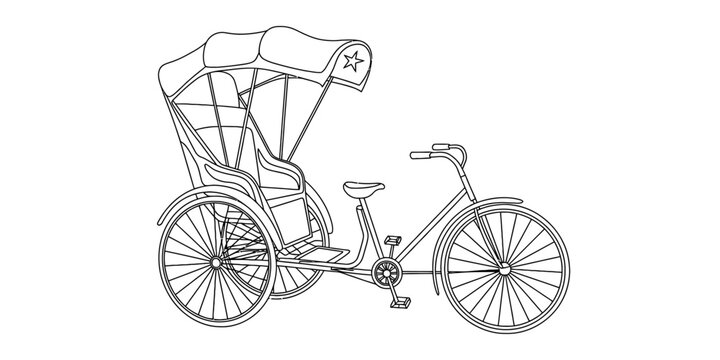 Black and white line drawing of a traditional bicycle rickshaw with a hood for passengers travel