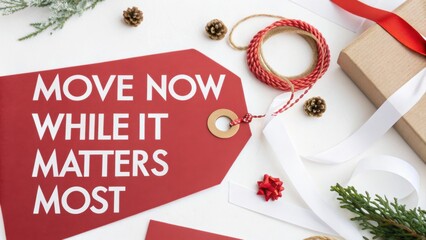 Move Now While It Matters Most - Inspirational Message on Tag, Gift Wrapping Elements, and Decorative Accents